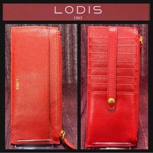 Lodis Red Leather Long Wallet slim Card & Zip Wallet with Gold tone accents